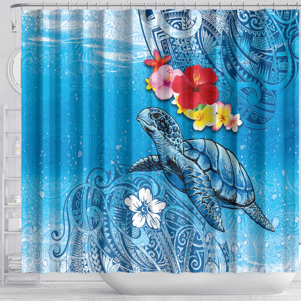 Hawaii Sea Turtle and Tropical Flowers Shower Curtain Polynesian Tattoo Undersea Vibe