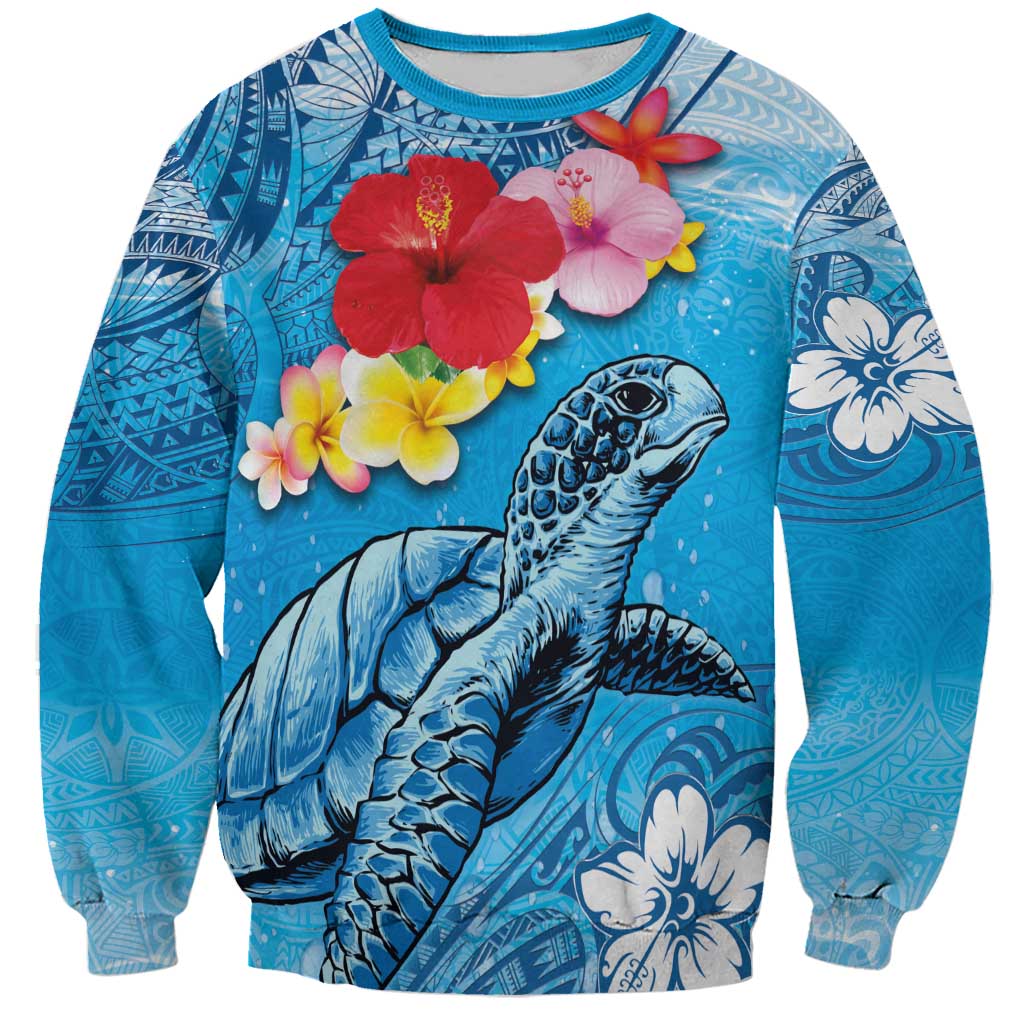 Hawaii Sea Turtle and Tropical Flowers Sweatshirt Polynesian Tattoo Undersea Vibe