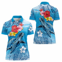 Hawaii Sea Turtle and Tropical Flowers Women Polo Shirt Polynesian Tattoo Undersea Vibe