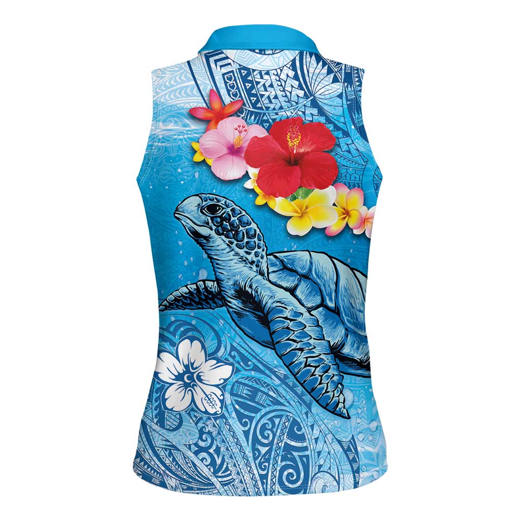 Hawaii Sea Turtle and Tropical Flowers Women Sleeveless Polo Shirt Polynesian Tattoo Undersea Vibe