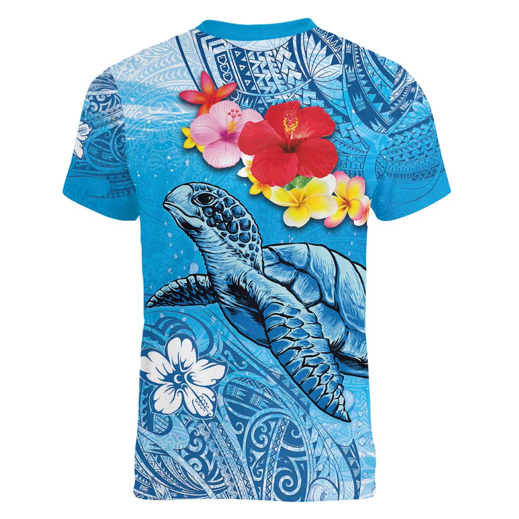 Hawaii Sea Turtle and Tropical Flowers Women V-Neck T-Shirt Polynesian Tattoo Undersea Vibe