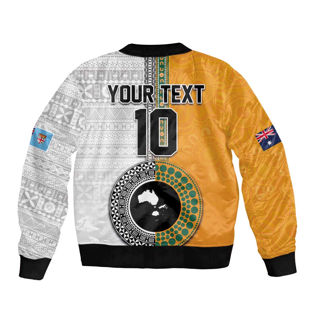 Custom Fiji and Australia Rugby Bomber Jacket Aboriginal and Fijian Masi Pattern