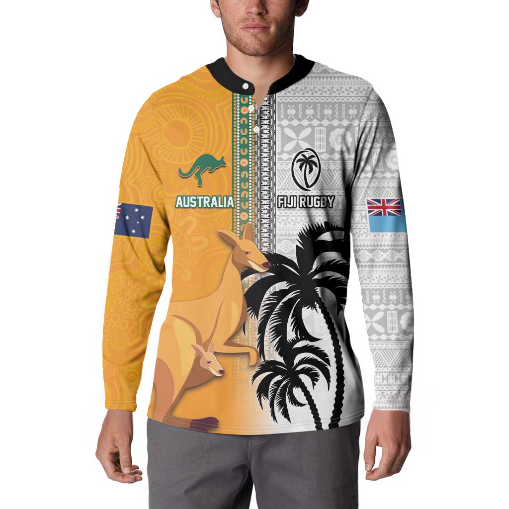 Custom Fiji and Australia Rugby Button Sweatshirt Aboriginal and Fijian Masi Pattern