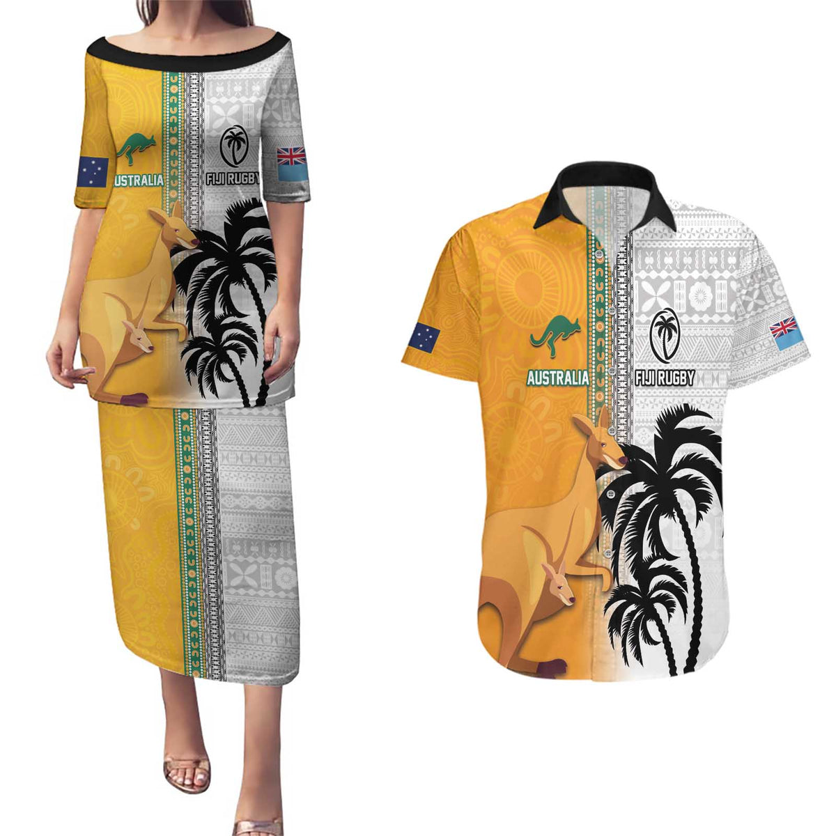 Custom Fiji and Australia Rugby Couples Matching Puletasi and Hawaiian Shirt Aboriginal and Fijian Masi Pattern