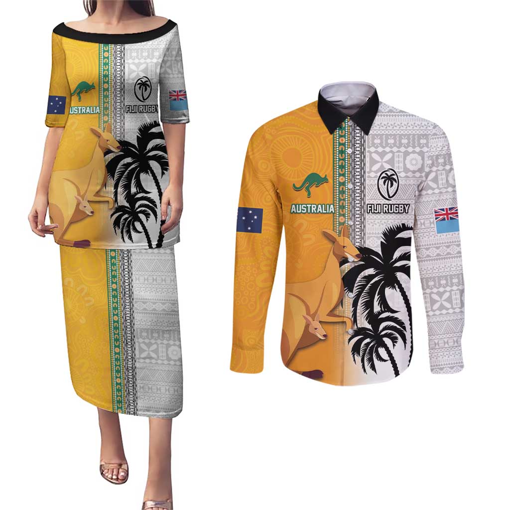 Custom Fiji and Australia Rugby Couples Matching Puletasi and Long Sleeve Button Shirt Aboriginal and Fijian Masi Pattern