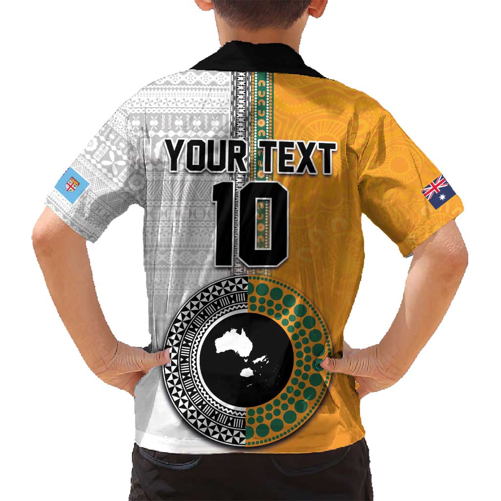 Custom Fiji and Australia Rugby Family Matching Long Sleeve Bodycon Dress and Hawaiian Shirt Aboriginal and Fijian Masi Pattern