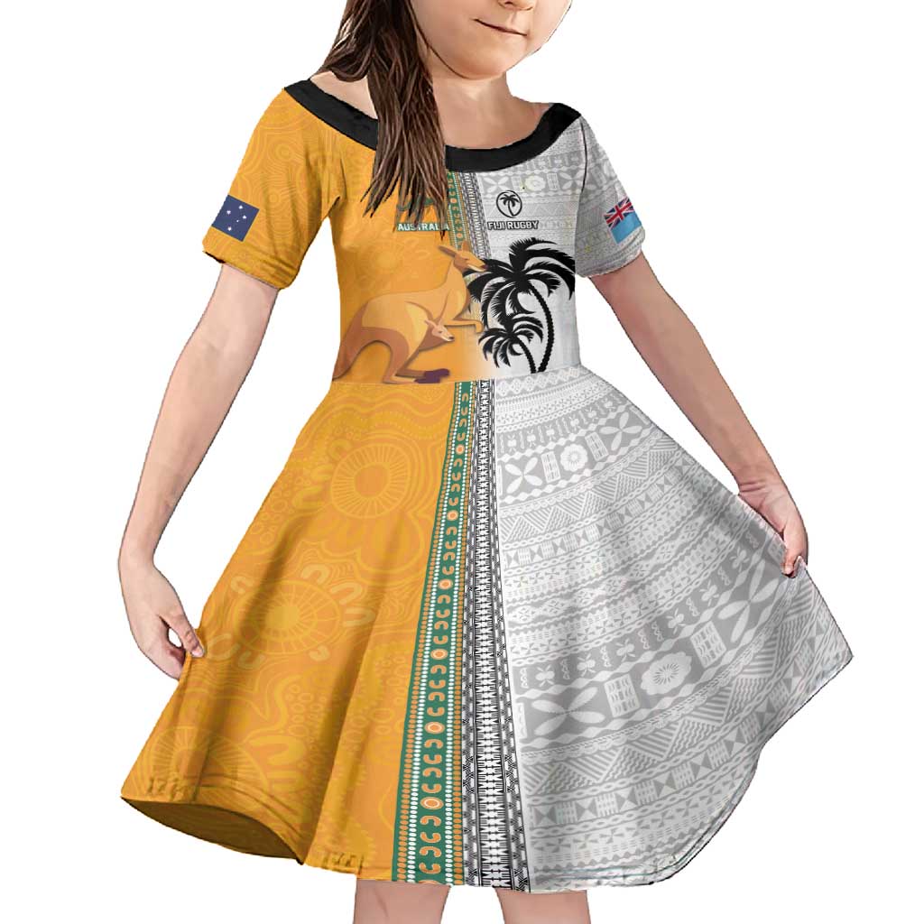 Custom Fiji and Australia Rugby Family Matching Long Sleeve Bodycon Dress and Hawaiian Shirt Aboriginal and Fijian Masi Pattern