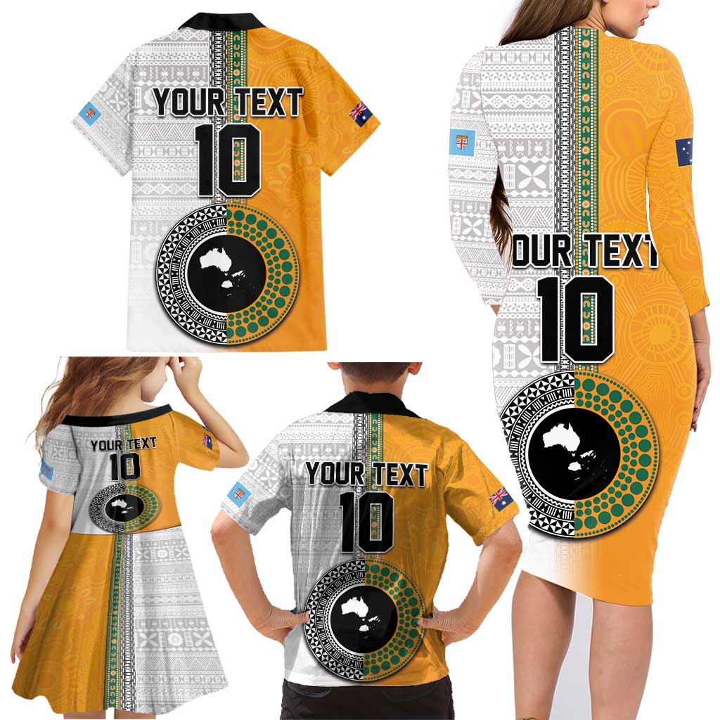Custom Fiji and Australia Rugby Family Matching Long Sleeve Bodycon Dress and Hawaiian Shirt Aboriginal and Fijian Masi Pattern