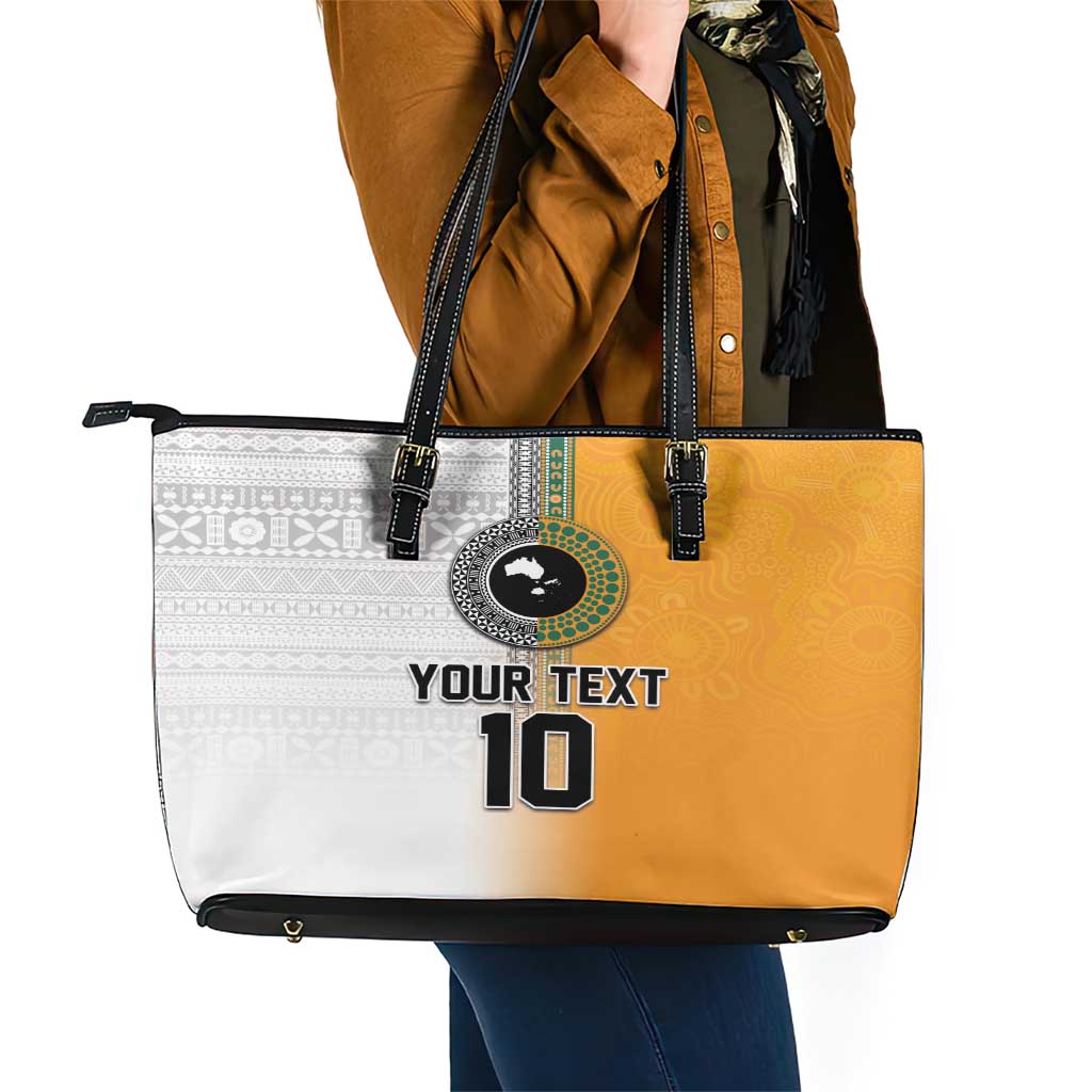 Custom Fiji and Australia Rugby Leather Tote Bag Aboriginal and Fijian Masi Pattern