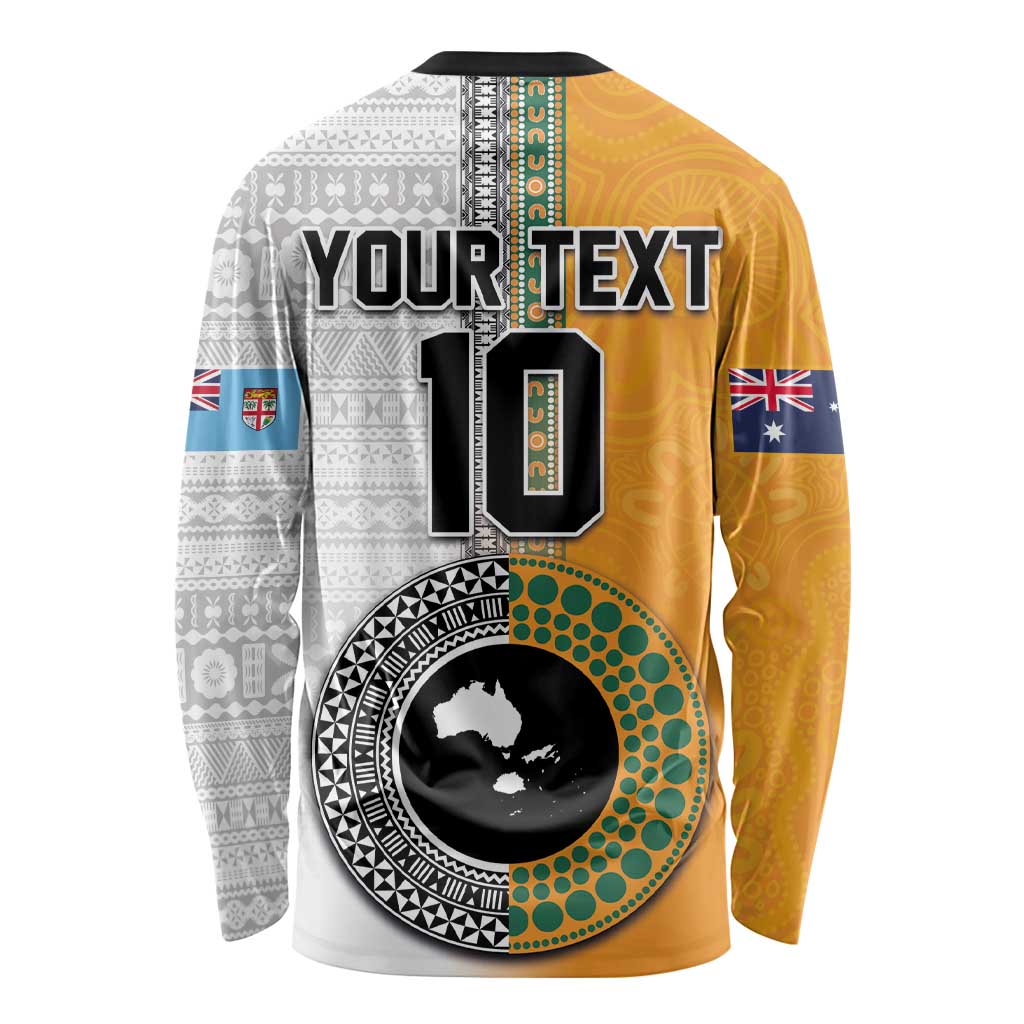 Custom Fiji and Australia Rugby Long Sleeve Shirt Aboriginal and Fijian Masi Pattern