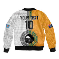 Custom Fiji and Australia Rugby Sleeve Zip Bomber Jacket Aboriginal and Fijian Masi Pattern