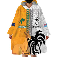 Custom Fiji and Australia Rugby Wearable Blanket Hoodie Aboriginal and Fijian Masi Pattern