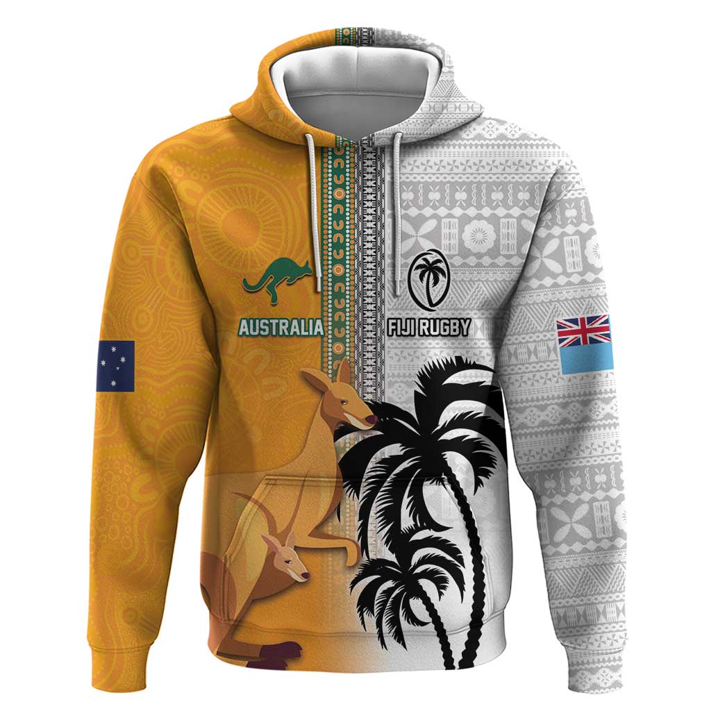 Custom Fiji and Australia Rugby Zip Hoodie Aboriginal and Fijian Masi Pattern LT03 Pullover Hoodie White - Polynesian Pride
