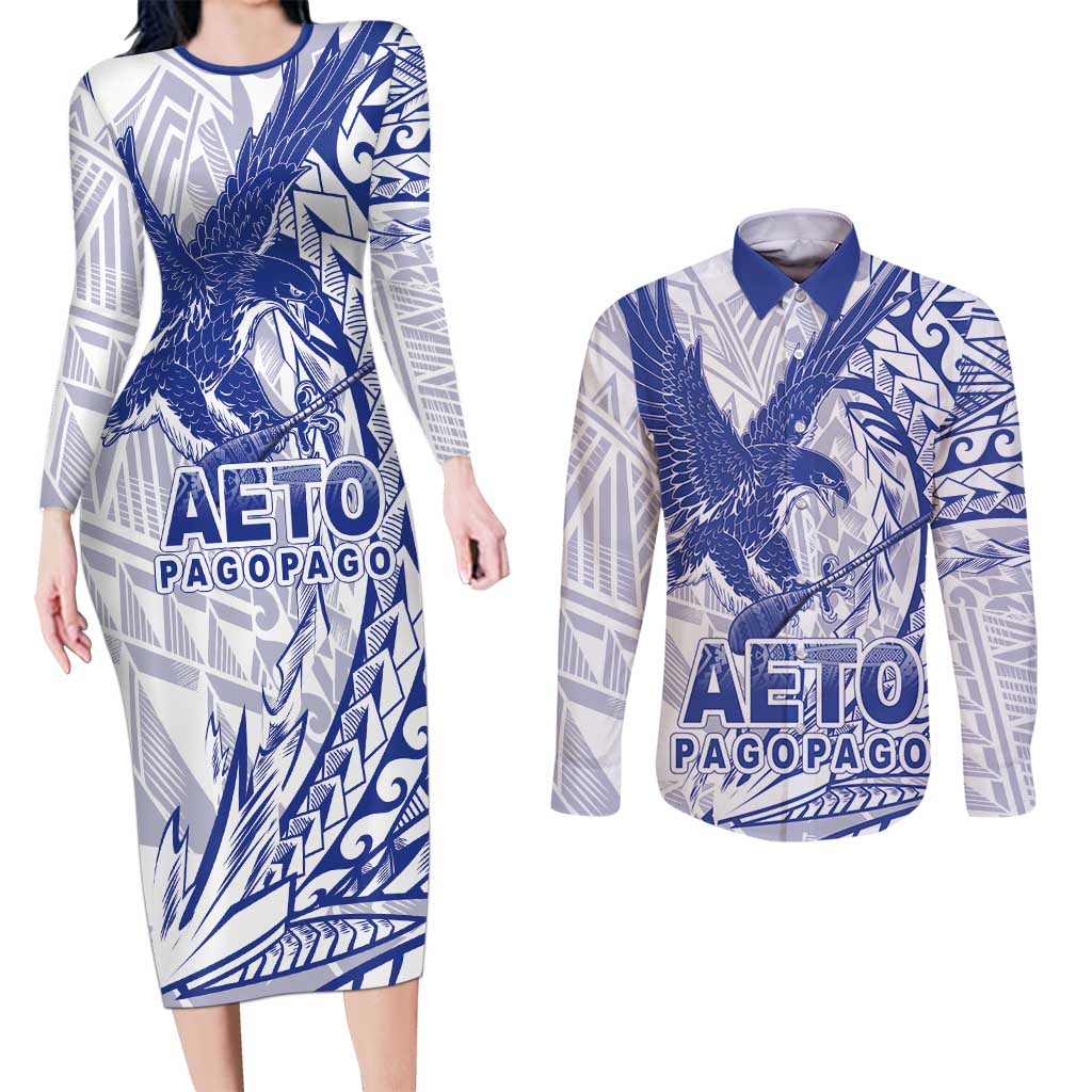American Samoa Pago Pago Aeto Couples Matching Long Sleeve Bodycon Dress and Long Sleeve Button Shirt Wingstyle Blue-White Color LT03 White - Polynesian Pride