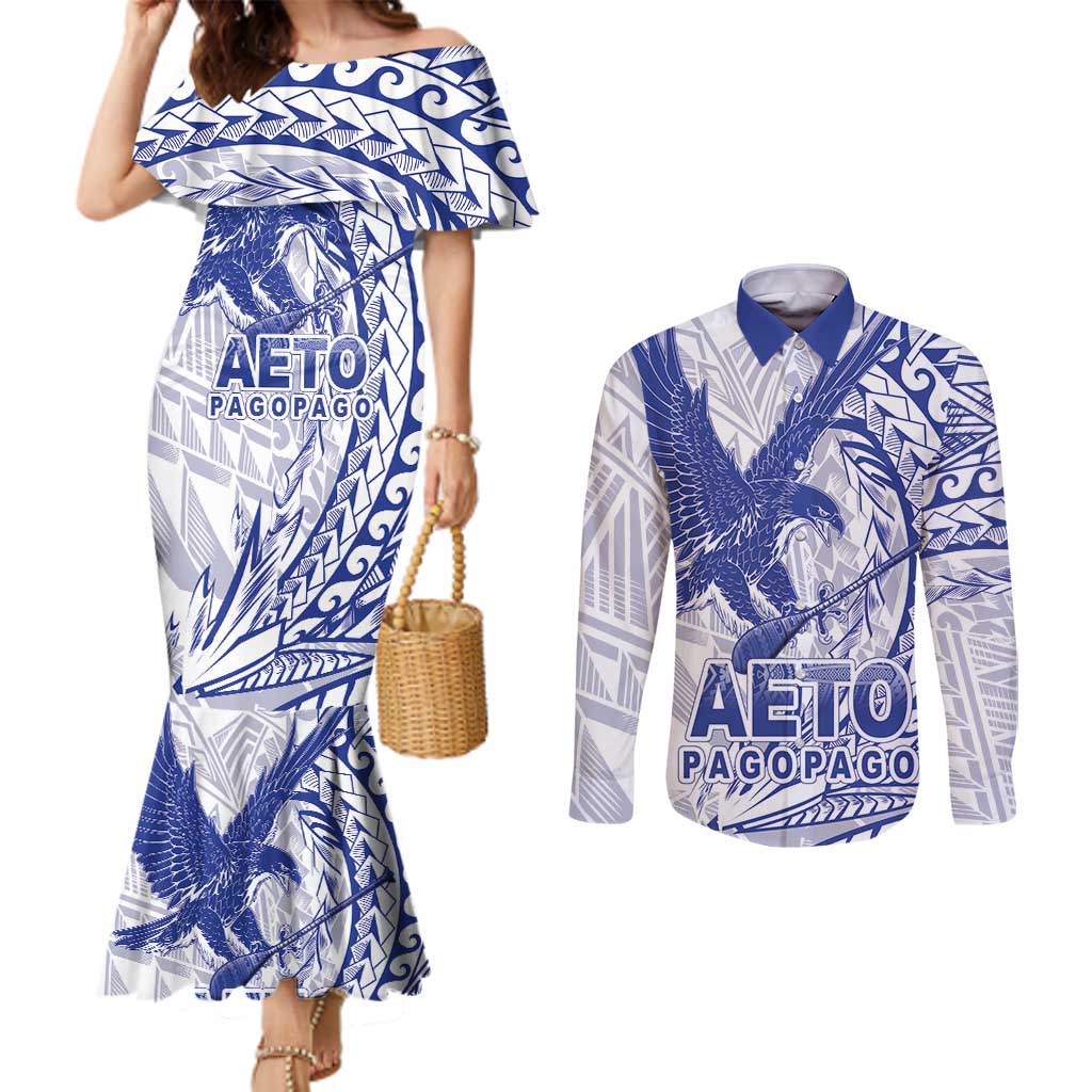 American Samoa Pago Pago Aeto Couples Matching Mermaid Dress and Long Sleeve Button Shirt Wingstyle Blue-White Color LT03 White - Polynesian Pride