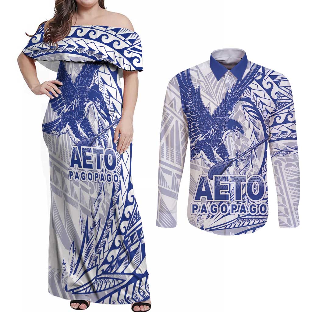 American Samoa Pago Pago Aeto Couples Matching Off Shoulder Maxi Dress and Long Sleeve Button Shirt Wingstyle Blue-White Color LT03 White - Polynesian Pride