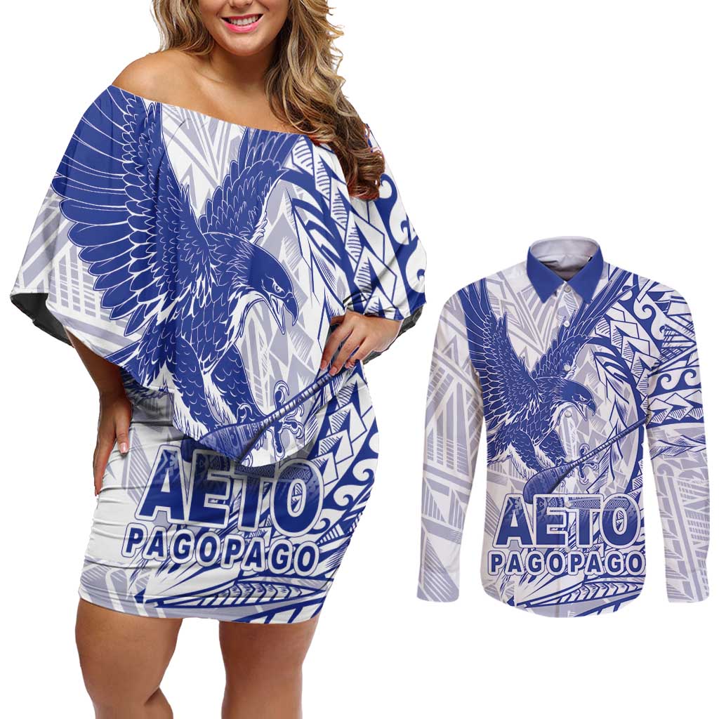 American Samoa Pago Pago Aeto Couples Matching Off Shoulder Short Dress and Long Sleeve Button Shirt Wingstyle Blue-White Color LT03 White - Polynesian Pride