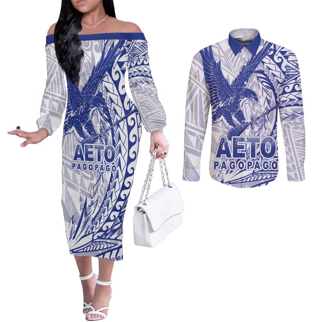 American Samoa Pago Pago Aeto Couples Matching Off The Shoulder Long Sleeve Dress and Long Sleeve Button Shirt Wingstyle Blue-White Color LT03 White - Polynesian Pride