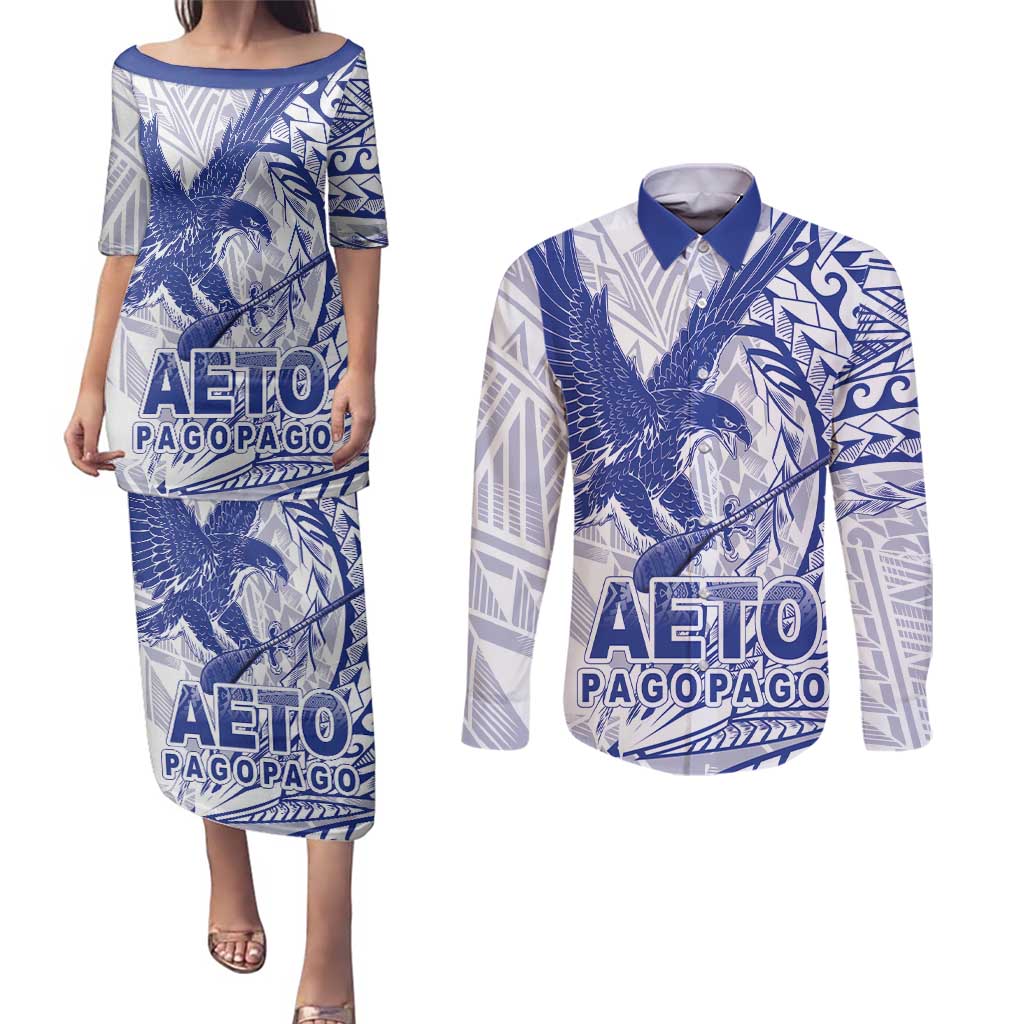 American Samoa Pago Pago Aeto Couples Matching Puletasi and Long Sleeve Button Shirt Wingstyle Blue-White Color LT03 White - Polynesian Pride