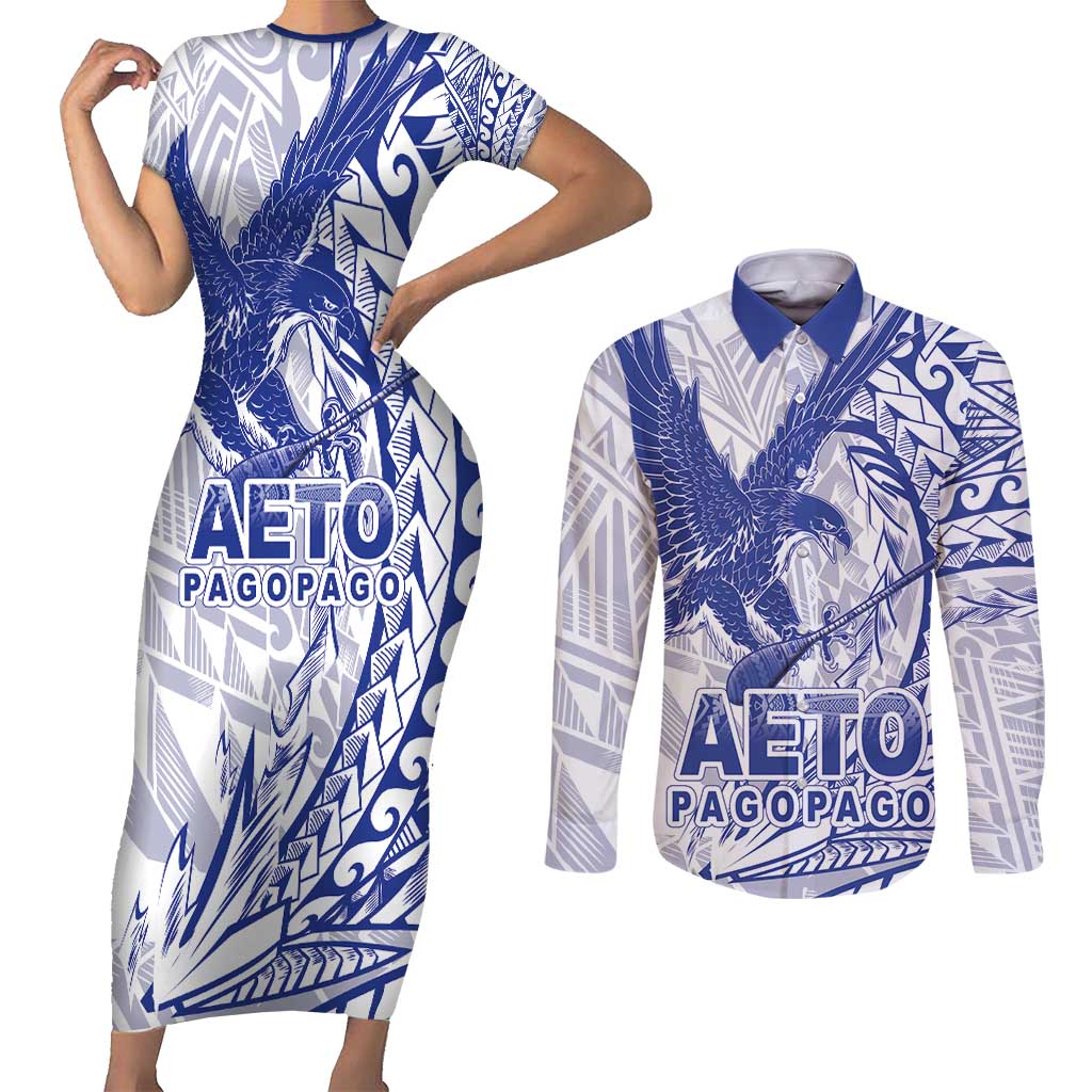 American Samoa Pago Pago Aeto Couples Matching Short Sleeve Bodycon Dress and Long Sleeve Button Shirt Wingstyle Blue-White Color LT03 White - Polynesian Pride