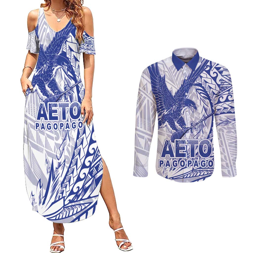 American Samoa Pago Pago Aeto Couples Matching Summer Maxi Dress and Long Sleeve Button Shirt Wingstyle Blue-White Color LT03 White - Polynesian Pride
