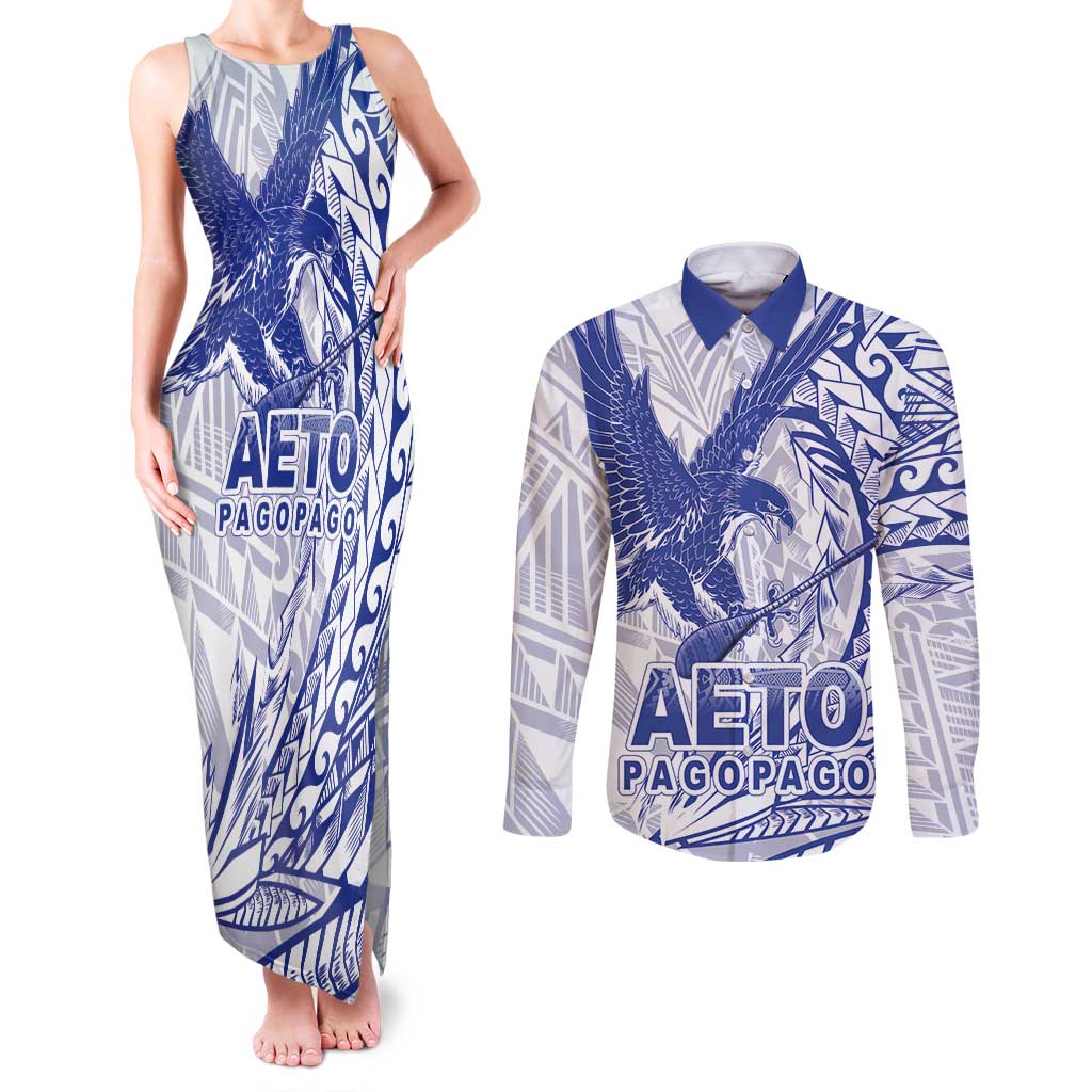 Samoa Pago Pago Aeto Couples Matching Tank Maxi Dress and Long Sleeve Button Shirt Wingstyle Blue-White Color - Polynesian Pride