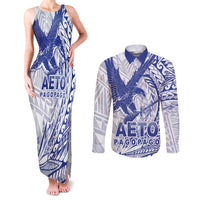 Samoa Pago Pago Aeto Couples Matching Tank Maxi Dress and Long Sleeve Button Shirt Wingstyle Blue-White Color - Polynesian Pride