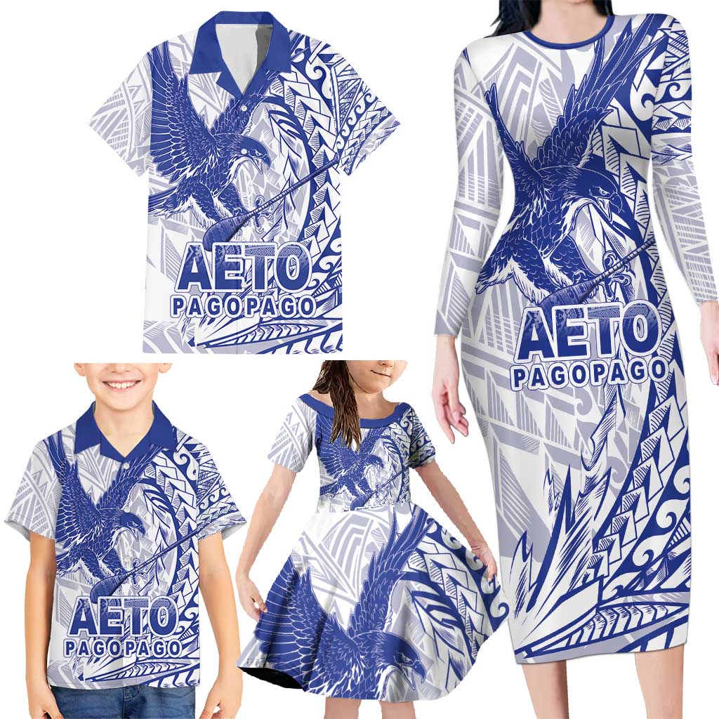 Samoa Pago Pago Aeto Family Matching Long Sleeve Bodycon Dress and Hawaiian Shirt Wingstyle Blue-White Color - Polynesian Pride