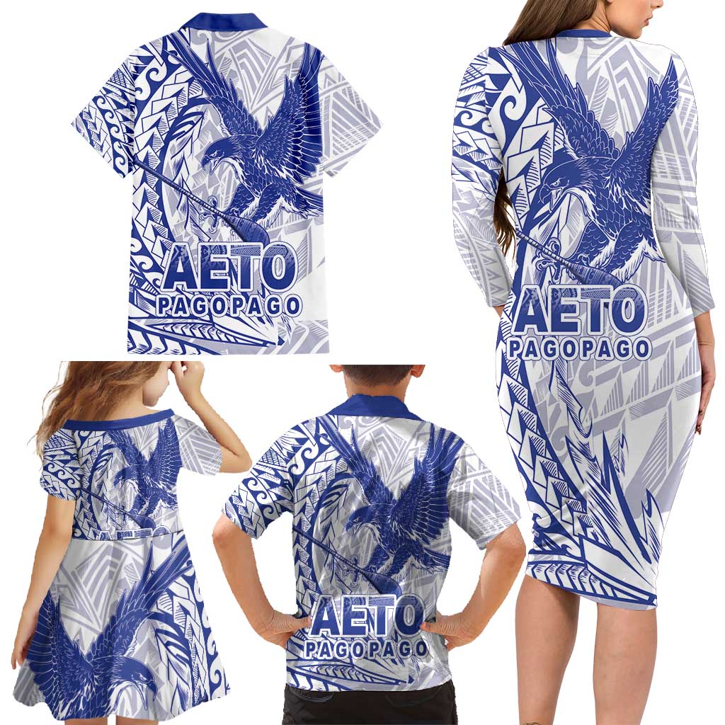 Samoa Pago Pago Aeto Family Matching Long Sleeve Bodycon Dress and Hawaiian Shirt Wingstyle Blue-White Color - Polynesian Pride