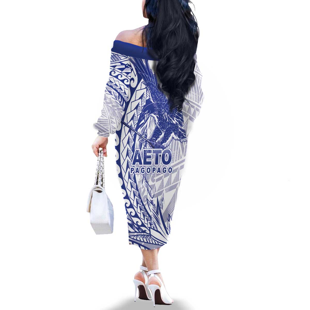 Samoa Pago Pago Aeto Family Matching Off The Shoulder Long Sleeve Dress and Hawaiian Shirt Wingstyle Blue-White Color - Polynesian Pride