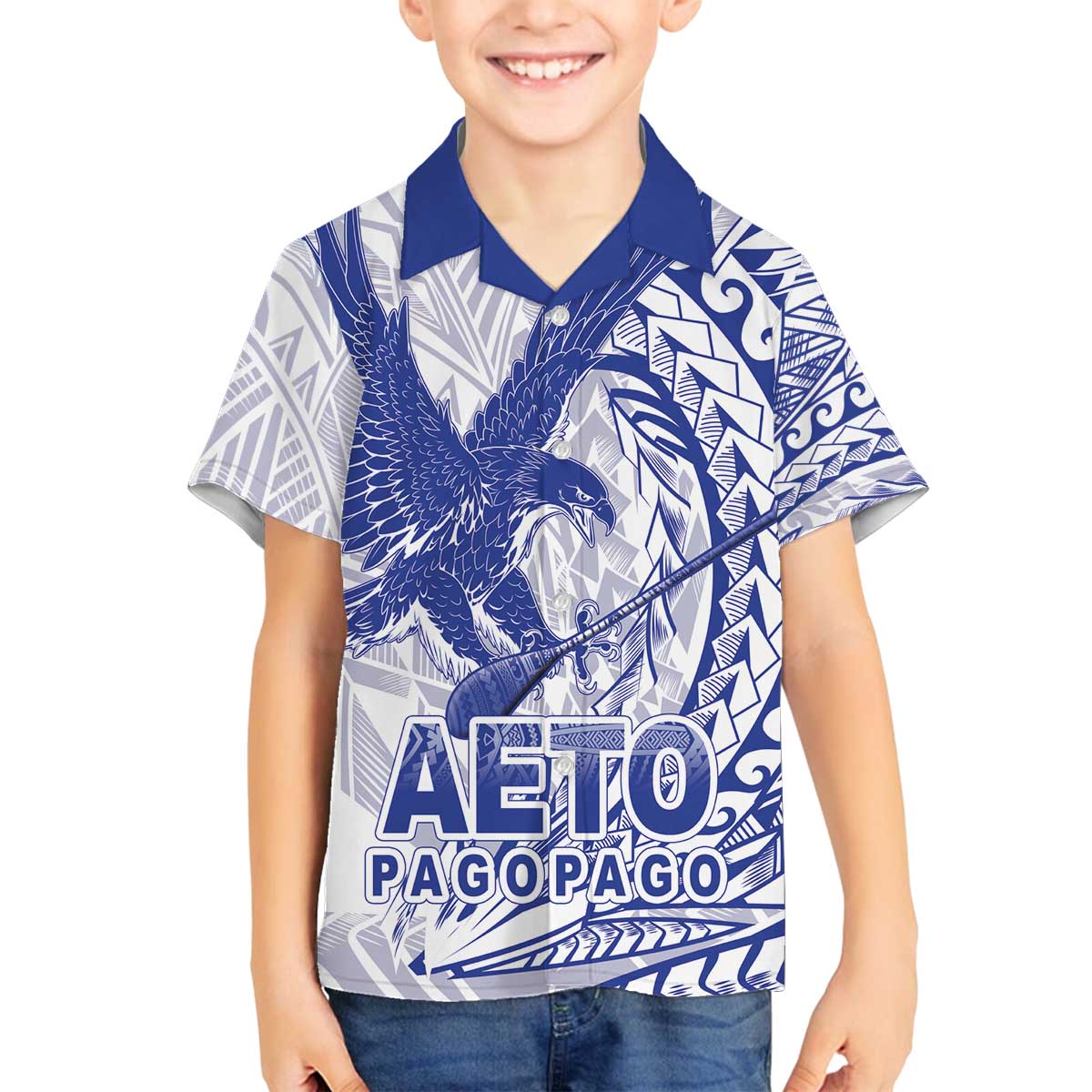 Samoa Pago Pago Aeto Family Matching Off The Shoulder Long Sleeve Dress and Hawaiian Shirt Wingstyle Blue-White Color - Polynesian Pride