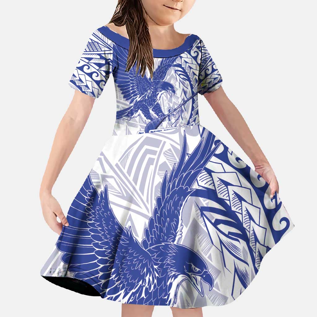 Samoa Pago Pago Aeto Family Matching Off Shoulder Maxi Dress and Hawaiian Shirt Wingstyle Blue-White Color - Polynesian Pride