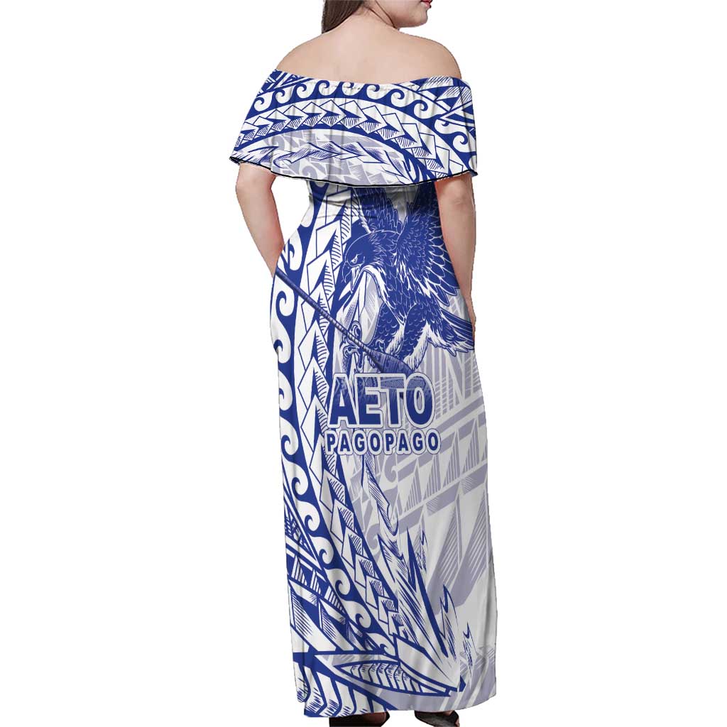 Samoa Pago Pago Aeto Family Matching Off Shoulder Maxi Dress and Hawaiian Shirt Wingstyle Blue-White Color - Polynesian Pride