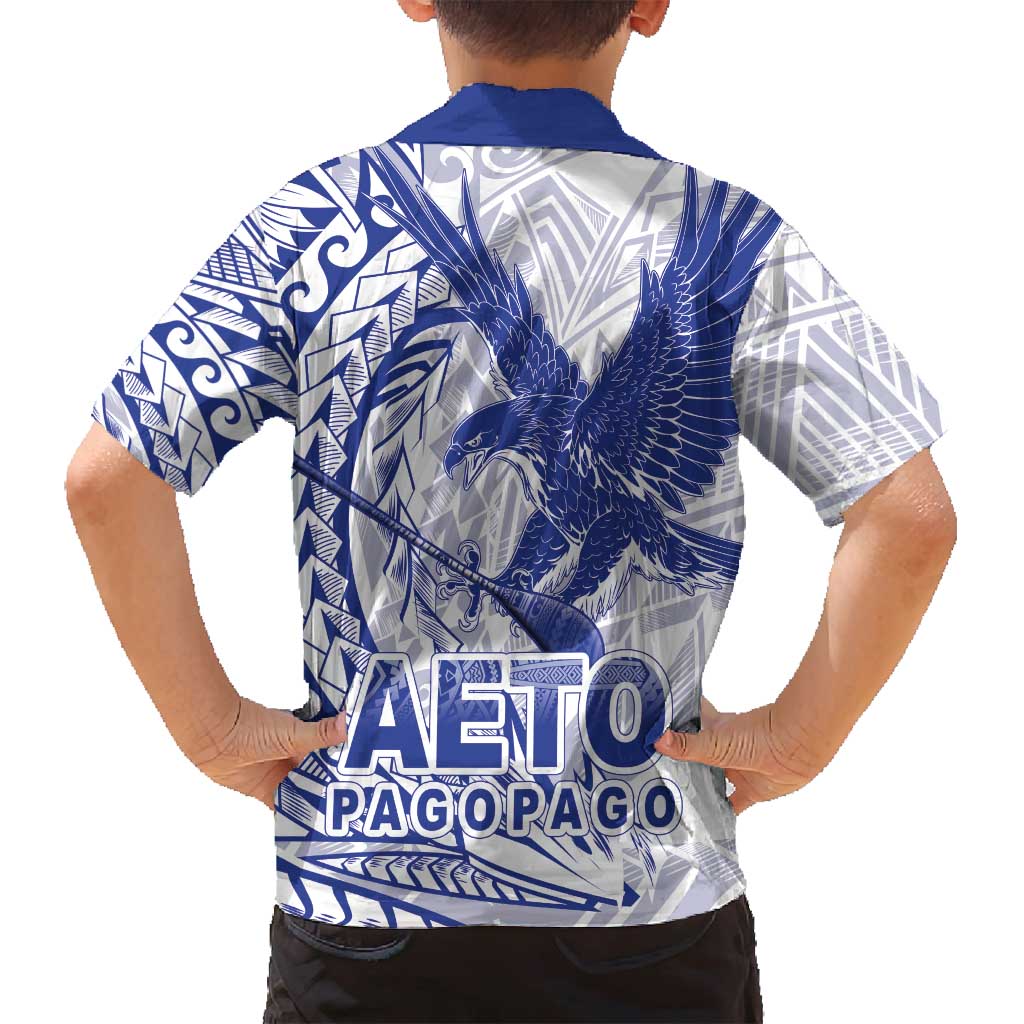 Samoa Pago Pago Aeto Family Matching Off Shoulder Short Dress and Hawaiian Shirt Wingstyle Blue-White Color - Polynesian Pride