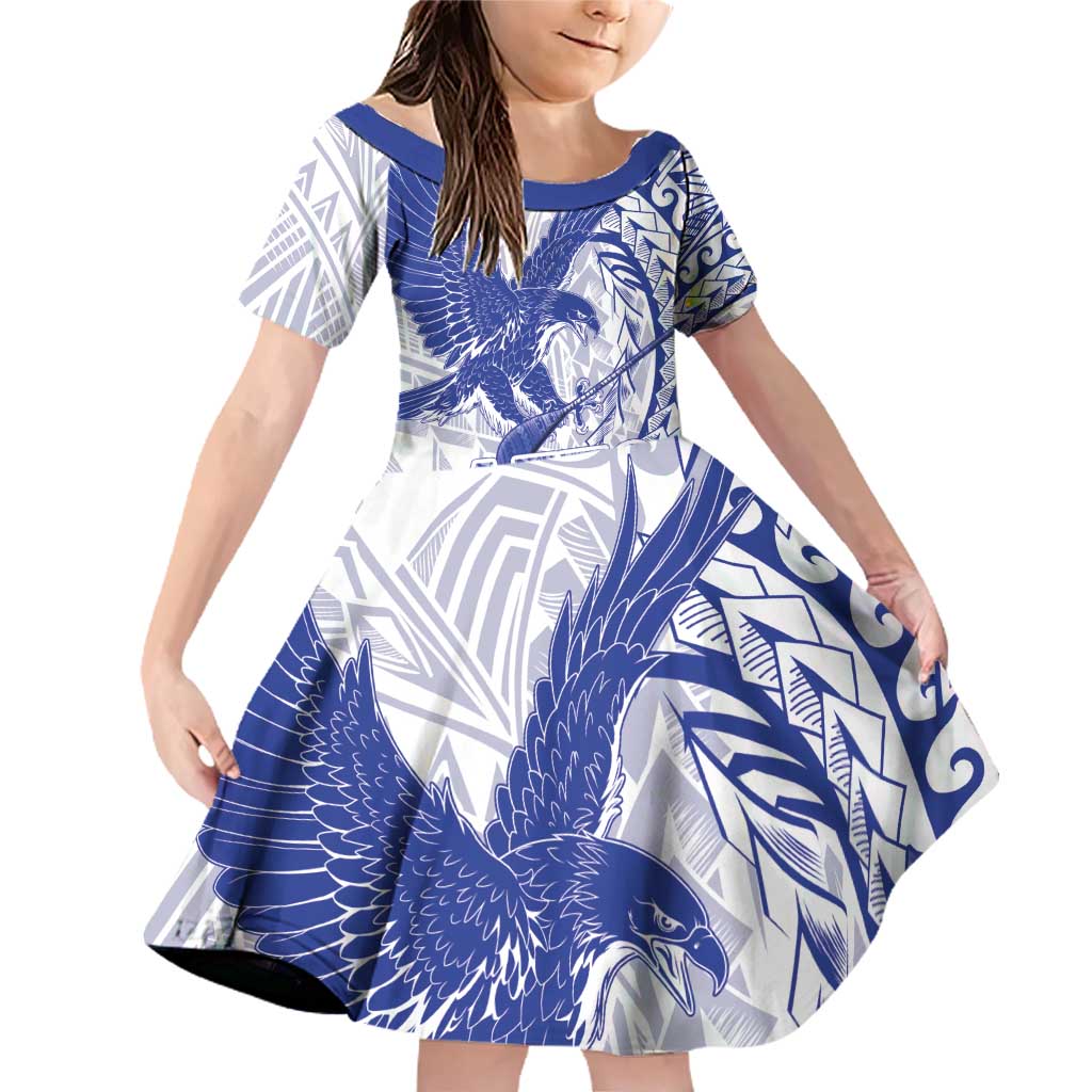Samoa Pago Pago Aeto Family Matching Off Shoulder Short Dress and Hawaiian Shirt Wingstyle Blue-White Color - Polynesian Pride