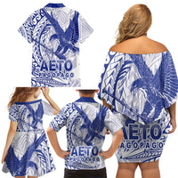 Samoa Pago Pago Aeto Family Matching Off Shoulder Short Dress and Hawaiian Shirt Wingstyle Blue-White Color - Polynesian Pride