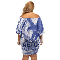 Samoa Pago Pago Aeto Family Matching Off Shoulder Short Dress and Hawaiian Shirt Wingstyle Blue-White Color - Polynesian Pride