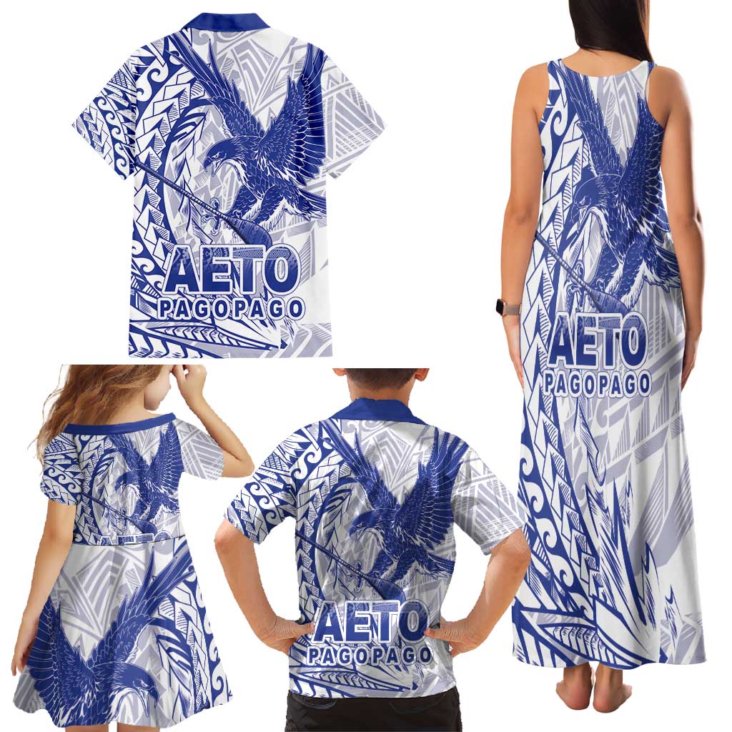 Samoa Pago Pago Aeto Family Matching Tank Maxi Dress and Hawaiian Shirt Wingstyle Blue-White Color - Polynesian Pride