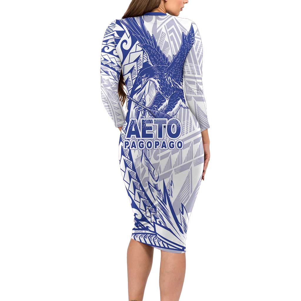 Samoa Pago Pago Aeto Long Sleeve Bodycon Dress Wingstyle Blue-White Color - Polynesian Pride