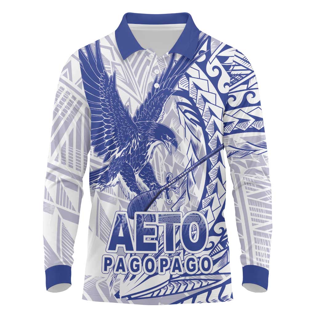 American Samoa Pago Pago Aeto Long Sleeve Polo Shirt Wingstyle Blue-White Color LT03 White - Polynesian Pride