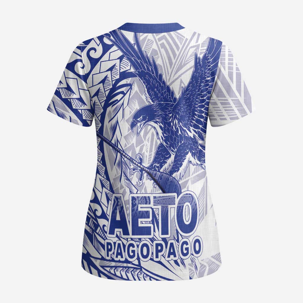 American Samoa Pago Pago Aeto Scrub Top Wingstyle Blue-White Color - Polynesian Pride