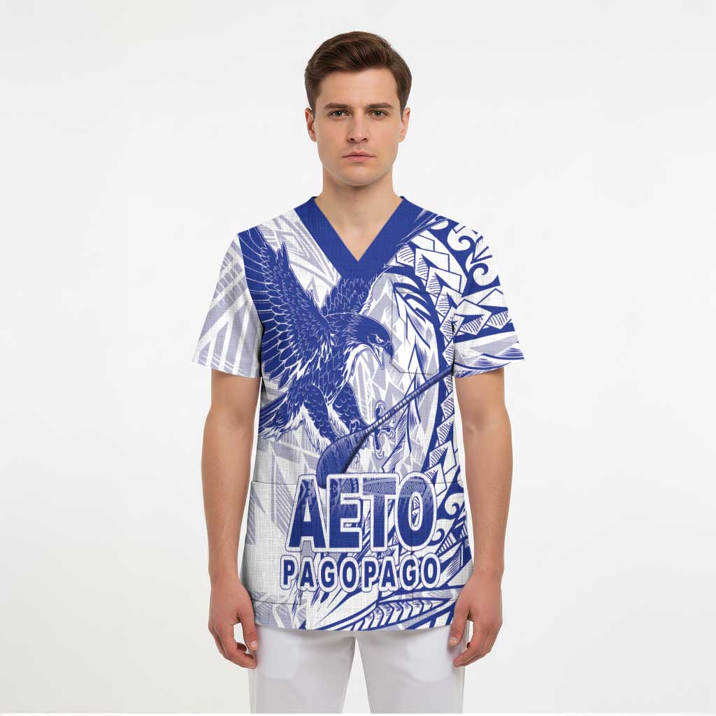 American Samoa Pago Pago Aeto Scrub Top Wingstyle Blue-White Color - Polynesian Pride