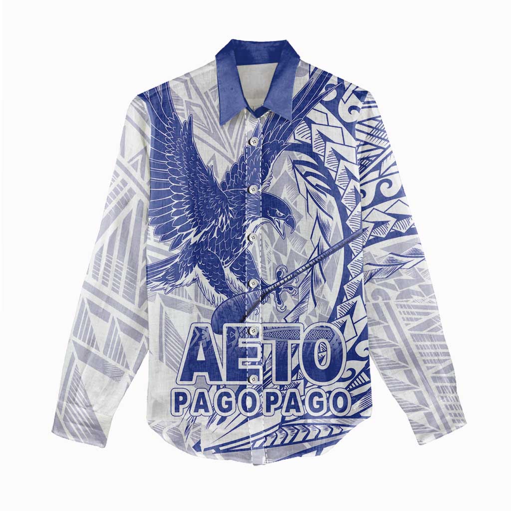 Samoa Pago Pago Aeto Women Casual Shirt Wingstyle Blue-White Color - Polynesian Pride