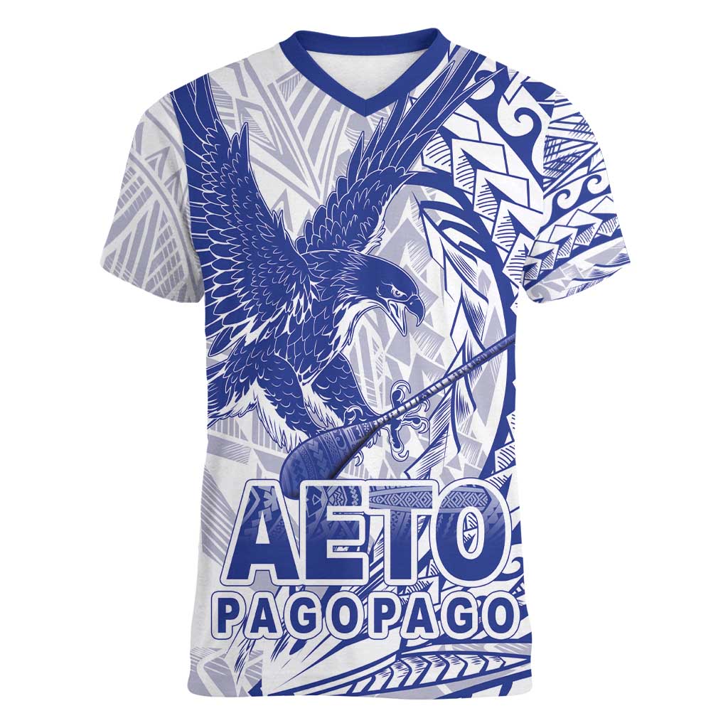 American Samoa Pago Pago Aeto Women V-Neck T-Shirt Wingstyle Blue-White Color LT03 Female White - Polynesian Pride
