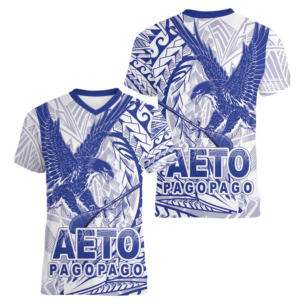 Samoa Pago Pago Aeto Women V-Neck T-Shirt Wingstyle Blue-White Color - Polynesian Pride