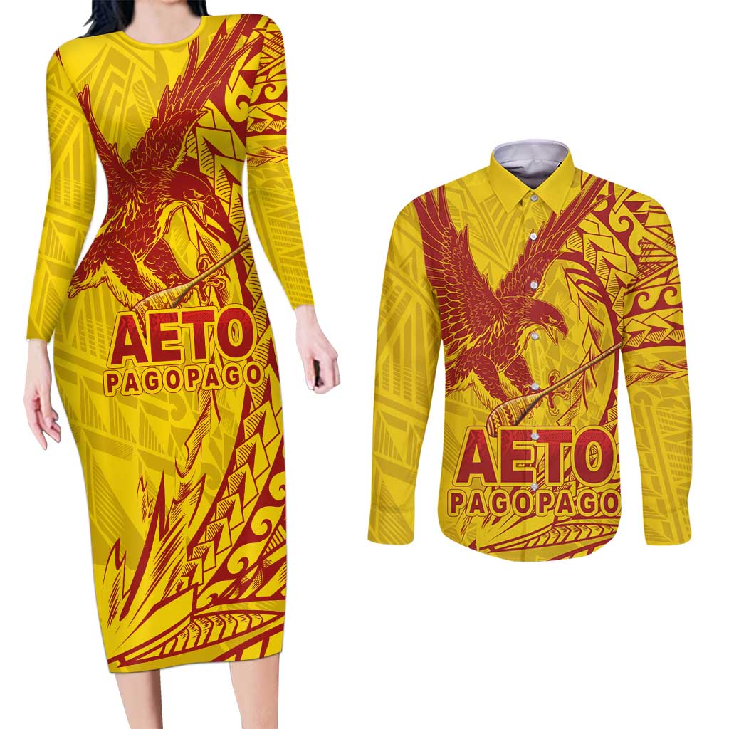 American Samoa Pago Pago Aeto Couples Matching Long Sleeve Bodycon Dress and Long Sleeve Button Shirt Wingstyle Red-Gold Color LT03 Yellow - Polynesian Pride