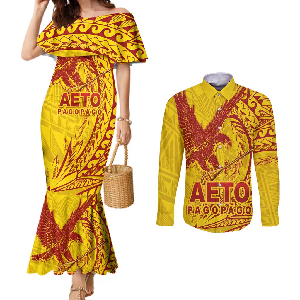 American Samoa Pago Pago Aeto Couples Matching Mermaid Dress and Long Sleeve Button Shirt Wingstyle Red-Gold Color LT03 Yellow - Polynesian Pride