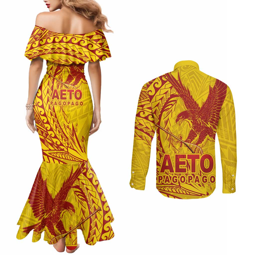 Samoa Pago Pago Aeto Couples Matching Mermaid Dress and Long Sleeve Button Shirt Wingstyle Red-Gold Color - Polynesian Pride