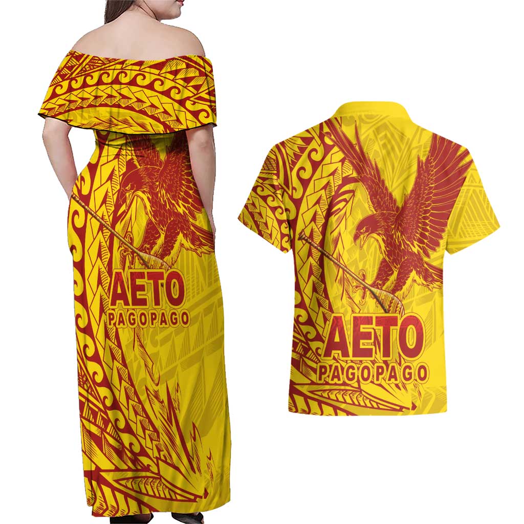 Samoa Pago Pago Aeto Couples Matching Off Shoulder Maxi Dress and Hawaiian Shirt Wingstyle Red-Gold Color - Polynesian Pride