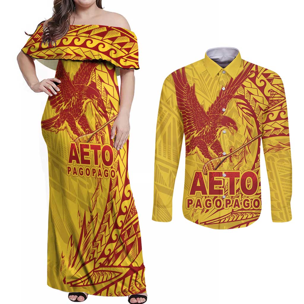 American Samoa Pago Pago Aeto Couples Matching Off Shoulder Maxi Dress and Long Sleeve Button Shirt Wingstyle Red-Gold Color LT03 Yellow - Polynesian Pride